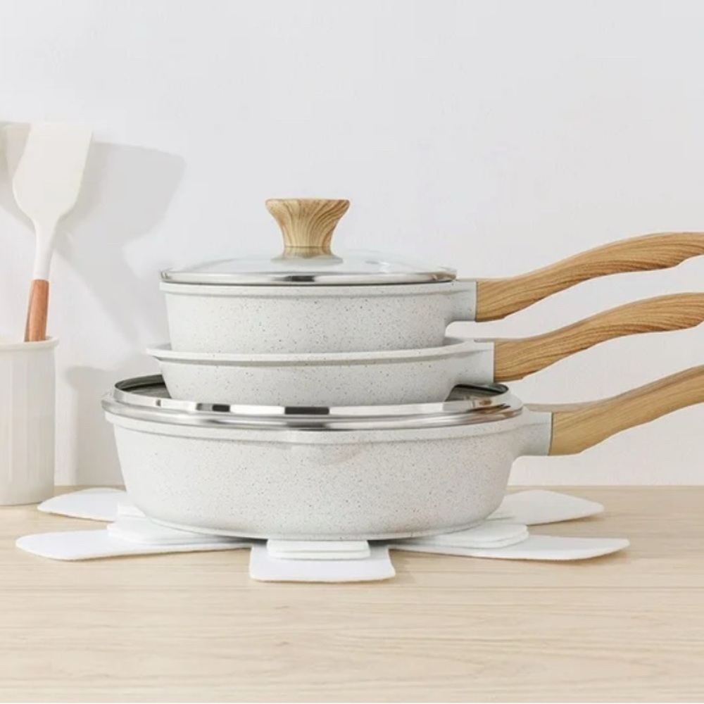 Elegant White Cookware Set with Wooden Handles